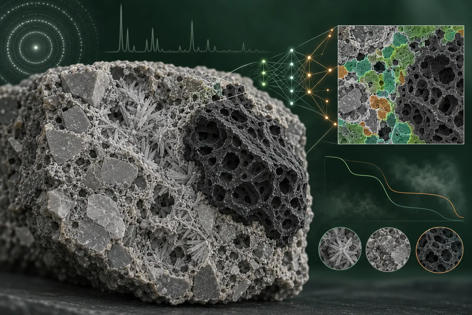 Conceptual visualization connecting cement and biochar microstructure with neural networks and computer-vision phase segmentation